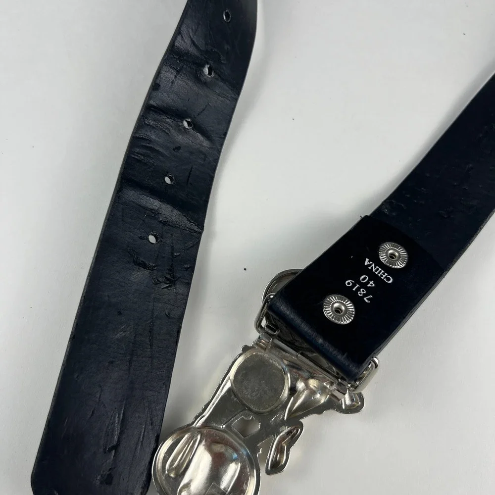 Motorcycle Belt Mens 40 Black Silver 3D Cruiser Buckle Biker Rocker